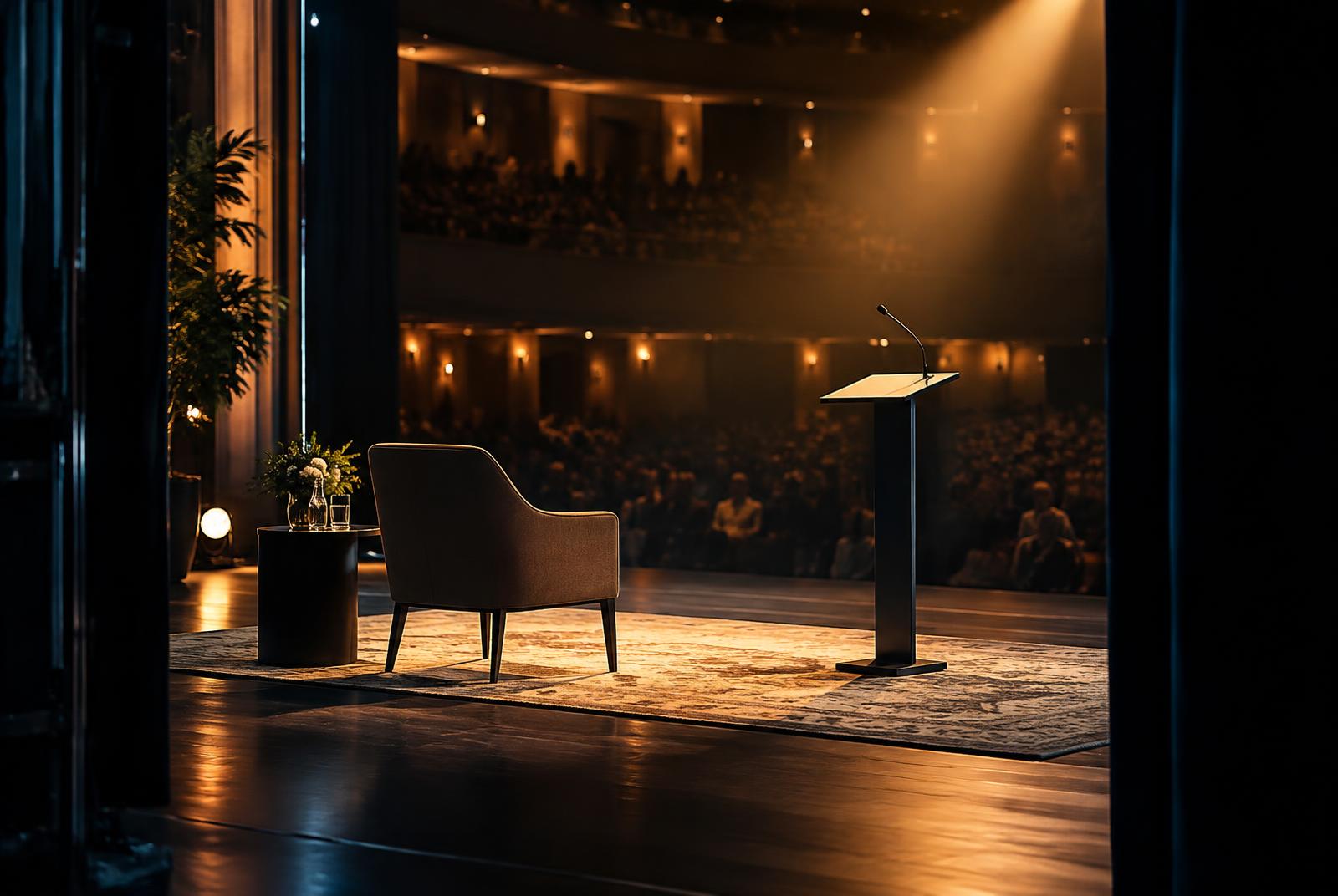 A warmly lit stage ready for a leadership conversation